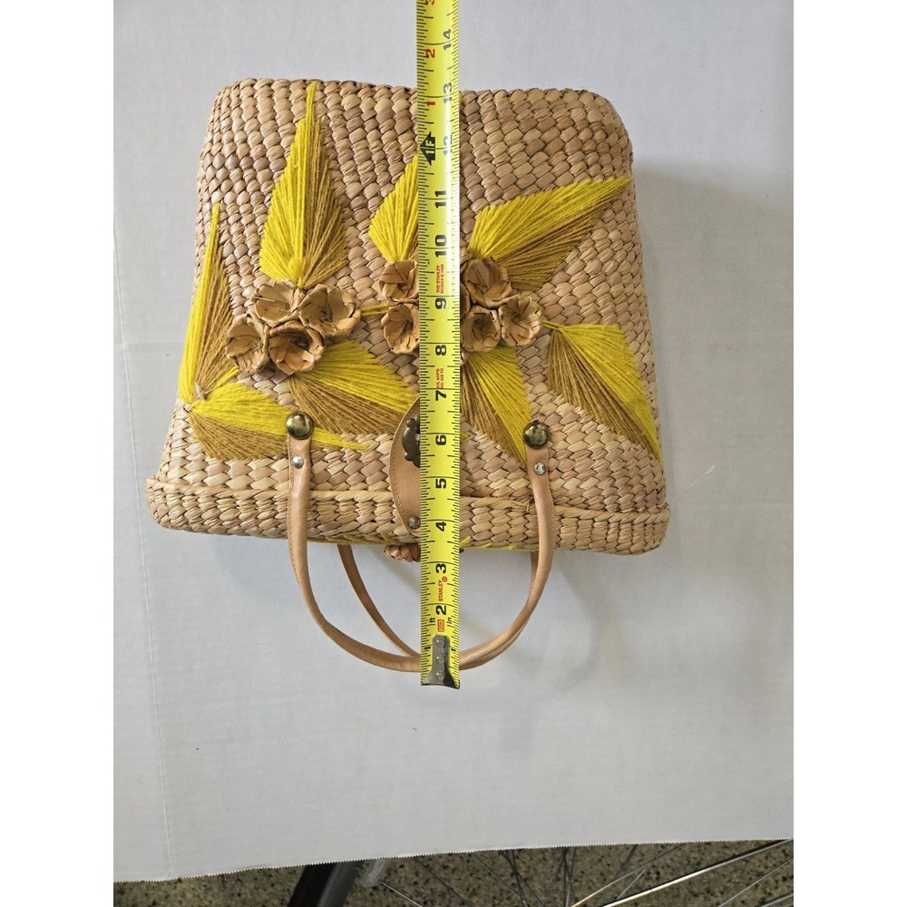 Vtg 1970s Woven Straw Leather Handbag 3D Flower Yarn Leaves MCM Boho Yellow Tan - Picture 11 of 13